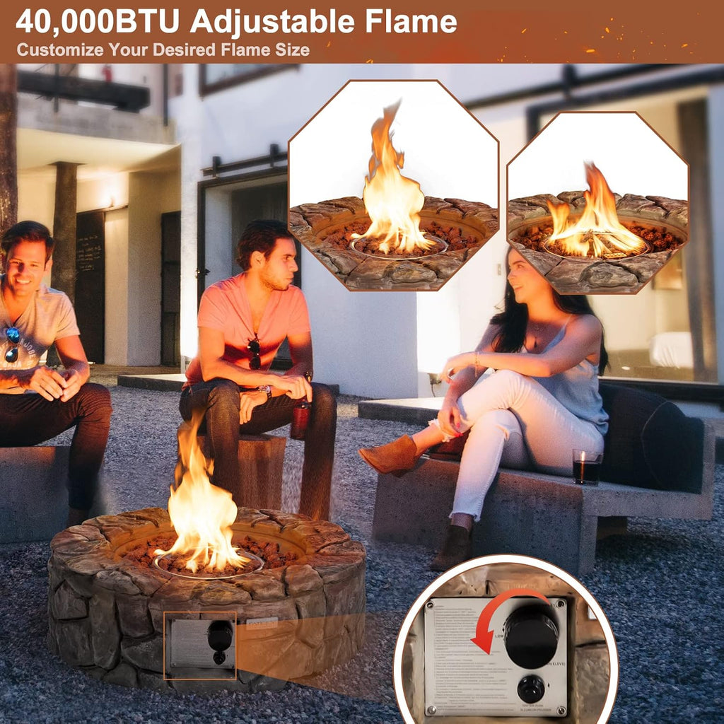 Tangkula 28 Inch Round Propane Gas Fire Pit, Patiojoy 40,000 BTU Stone Look Outdoor Propane Fire Pit with Lava Rocks & PVC Cover, Faux Stone Gas Fire Pit Table for Patio, Courtyard, Garden (Brown)
