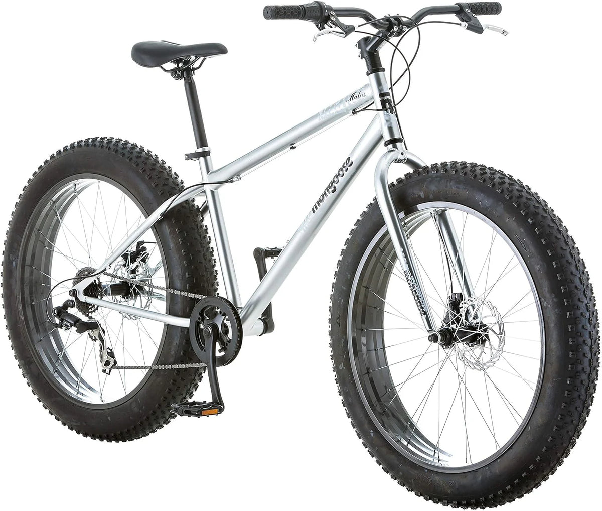 Mongoose Malus Mens and Women Fat Tire Mountain Bike, 26-Inch Bicycle Wheels, 4-Inch Wide Knobby Tires, Steel Frame, 7 Speed Drivetrain, Shimano Rear Derailleur, Disc Brakes