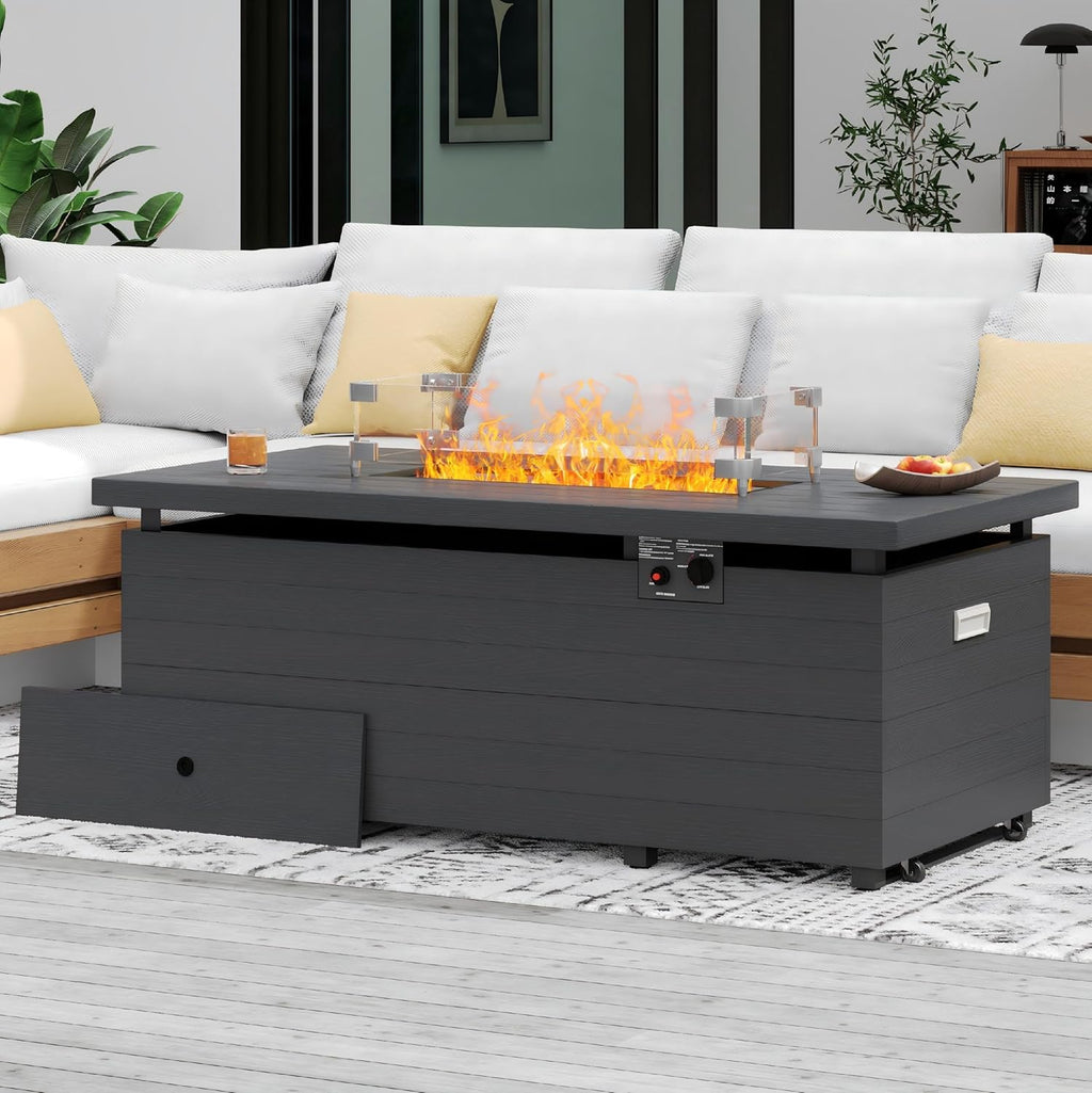 Sundale Outdoor 51 Inch Outdoor Fire Pit Table, 50,000BTU Rectangle Propane Fire Pit with Sliding Tank Holder, Glass Wind Guard, Removable Lid, CSA Certified, Gray