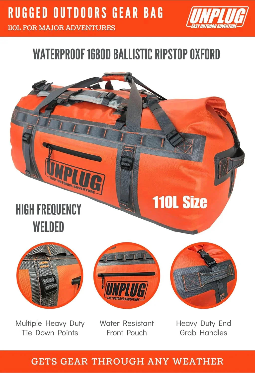 UNPLUG Ultimate Adventure Bag -1680D Heavy Duty Waterproof Travel Duffel Bags for Camping, Motorcycle Dry Bag, Waterproof Bags for Boating, Waterproof Duffle Backpack,Tactical Duffle Bag