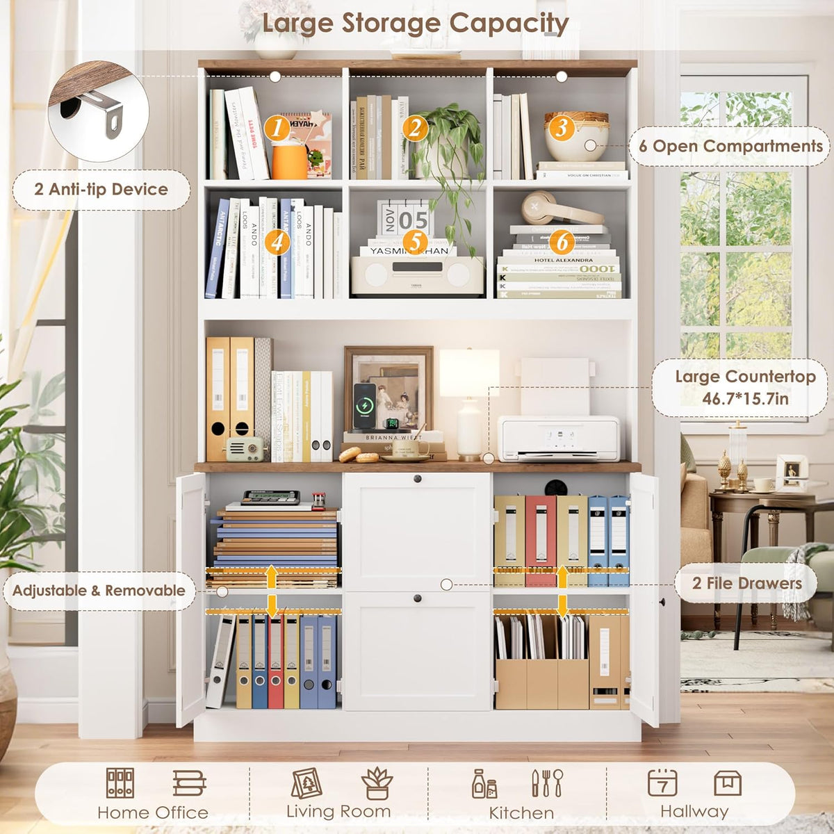 HIFIT 72'' Tall File Bookcase with Power Outlet & Printer Stand, 2 Drawer Filing Cabinets for Home Office Fit Hanging A4 File, Storage Cabinet w/ 3 Tier Open Book Shelf & Doors for Living Room, White