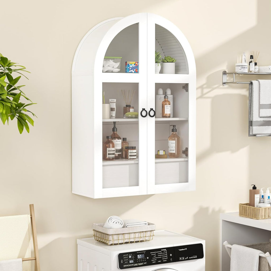 Medicine Cabinet with Tempered Glass Door, Arched Bathroom Wall Cabinet with Adjustable Shelf, for Kitchen, Living Room, Entryway, Laundry Room, Apartment, Office, Small Space, White