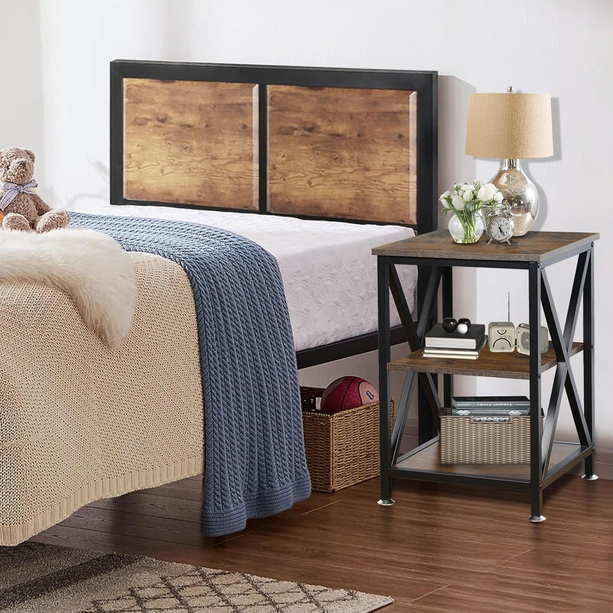 End Tables Living Room Set of 2, 16" D x 16" W x 24" H, Indoor End Tables Living Room with Storage Shelf, Square End Table Set of 2, X-Shaped Night Stands for Bedroom, Farmhouse Wood Side Tables