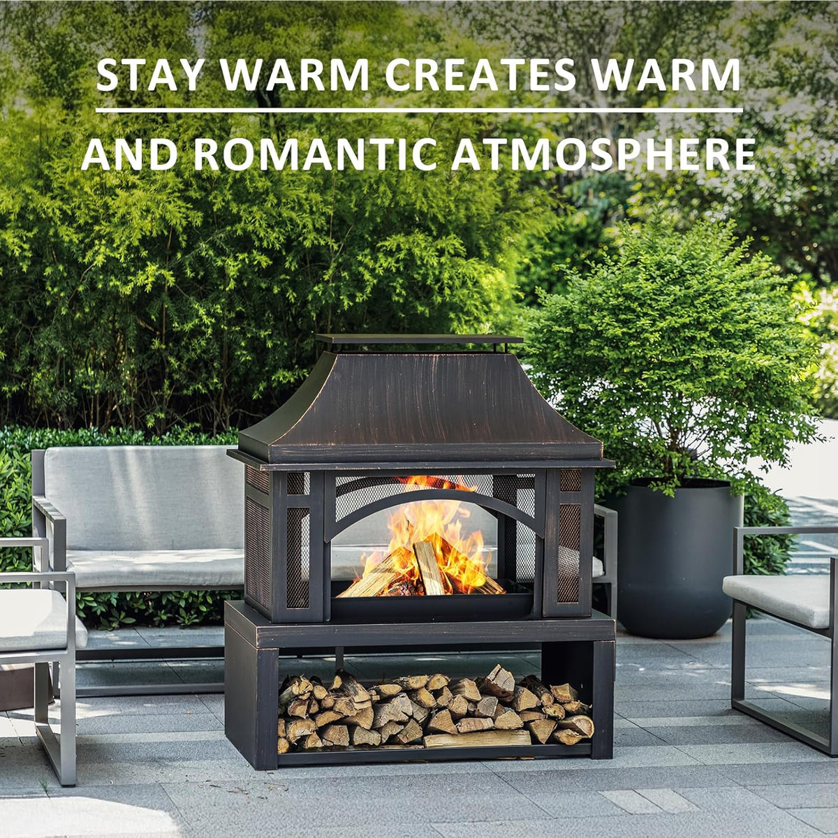 39" Fire Pits with Wood Storage for Outside, Large Wood Burning Outdoor Fireplace with Chimney, Mesh Spark Screen & Fire Poker, Idea for Backyard, Patio, Party, Camping, Picnic