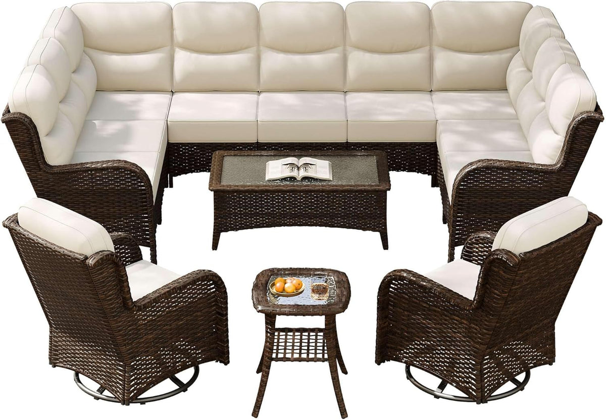 Outdoor Swivel Rocker Patio Chairs with 6-Inch Thick Cushions and Side Table, 3PCS High Back Wicker Patio Furniture Set for Porch, Balcony, Deck and Yard in Blue