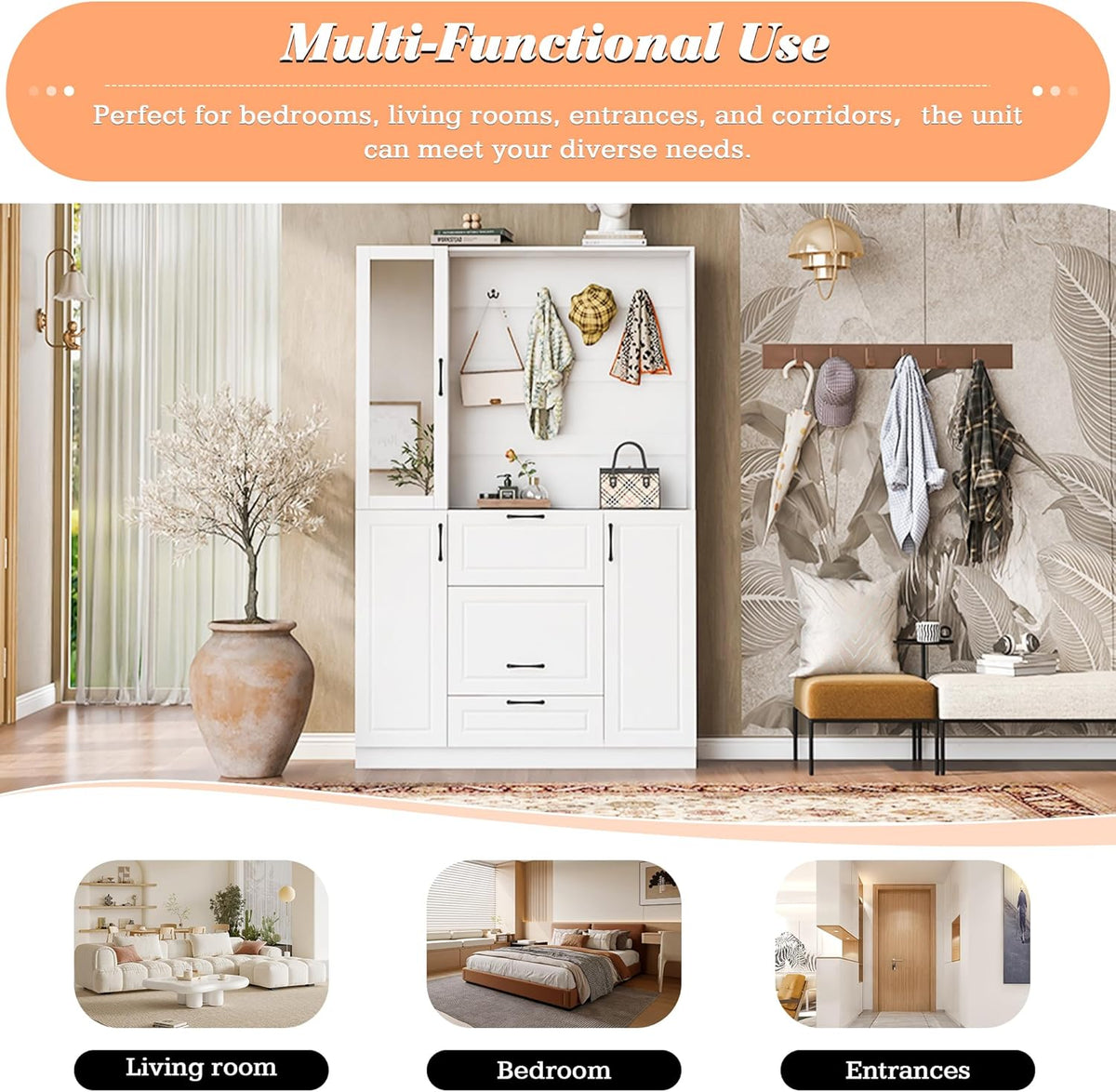 51.1''Hall Tree, Entryway Bench with Integrated Shoe Cabinet,3-in-1 Design, Mirrored Cabinet Door and Foldable Seat for Entrance, Living Room