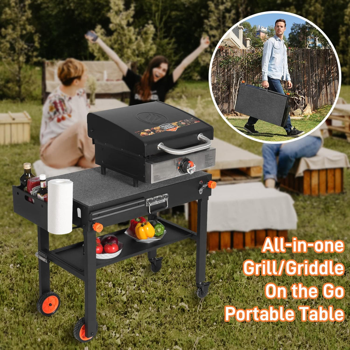 Portable Outdoor Grill Table, Folding Grill Cart Solid and Sturdy, Blackstone Griddle Stand Large Space, Blackstone Table with Paper Towel Holder, Grill Stand for Blackstone Griddle, Ninja Grills etc