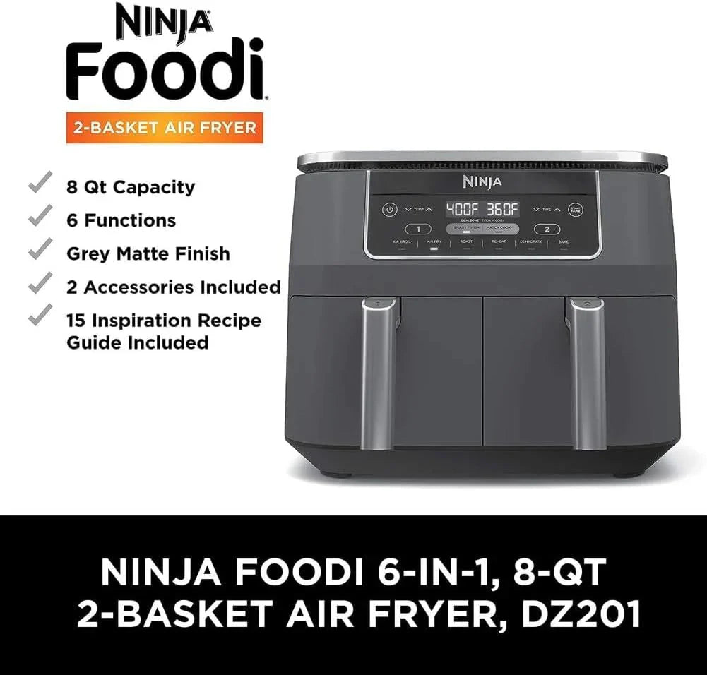 Ninja Foodi 10QT 6-in-1 DualZone Smart XL Air Fryer, 2 Independent 5QT Baskets, Smart Cook Thermometer, Match Cook, Smart Finish, Air Fry, Roast, Bake, Dehydrate, Reheat, Grey, DZ550