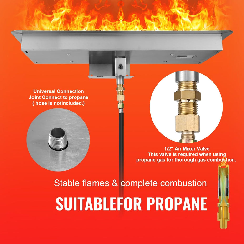 VEVOR 36 x 12 inch Drop-in Fire Pit Pan, Rectangular Stainless Steel Fire Pit Burner Kit, Propane Fire Pan 150,000 BTU with H-Burner for Indoor or Outdoor Use