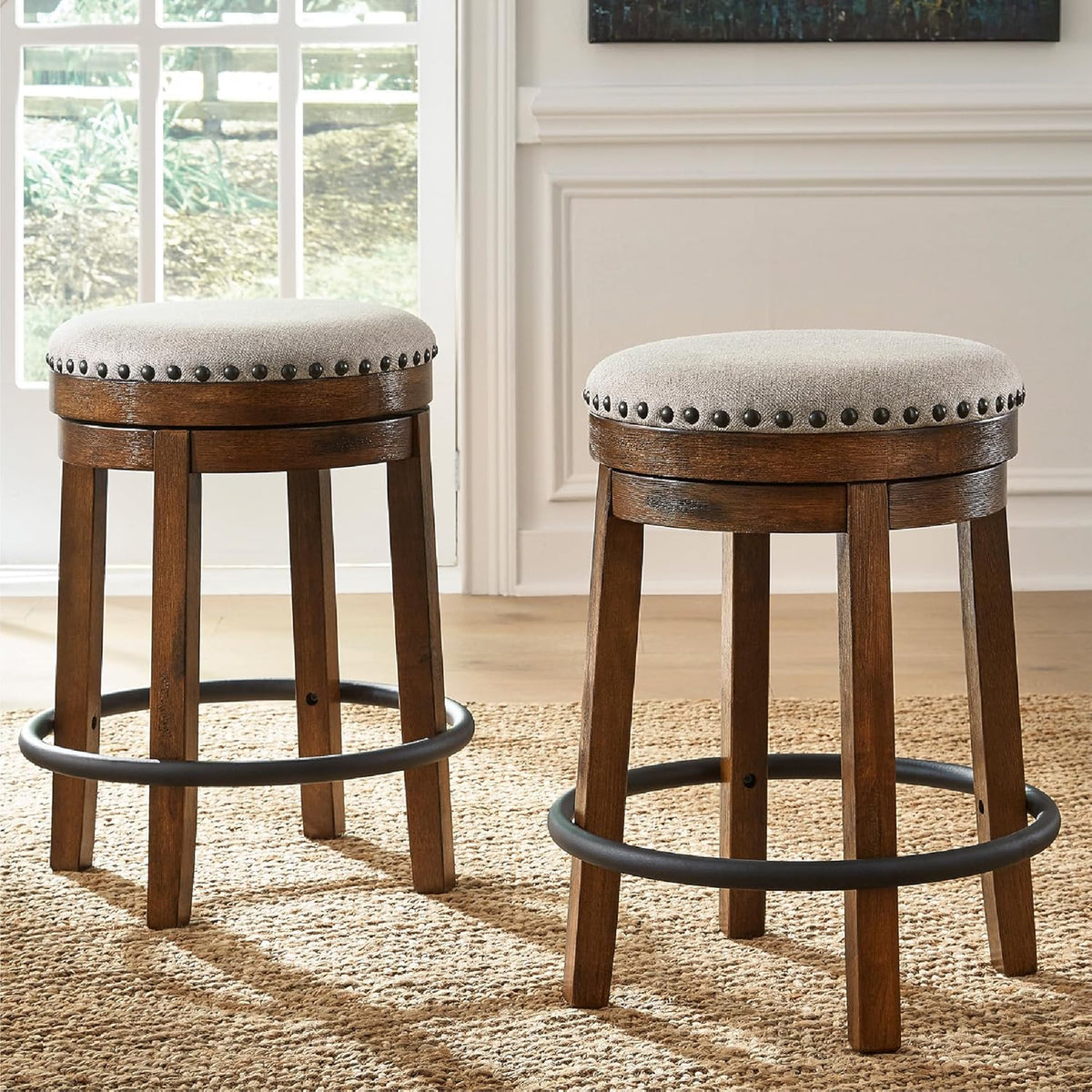 Signature Design by Ashley Valebeck Upholstered Swivel Stool, Cushioned Seat, Woven Fabric Upholstery, Wood, 24" H, Brown & Black