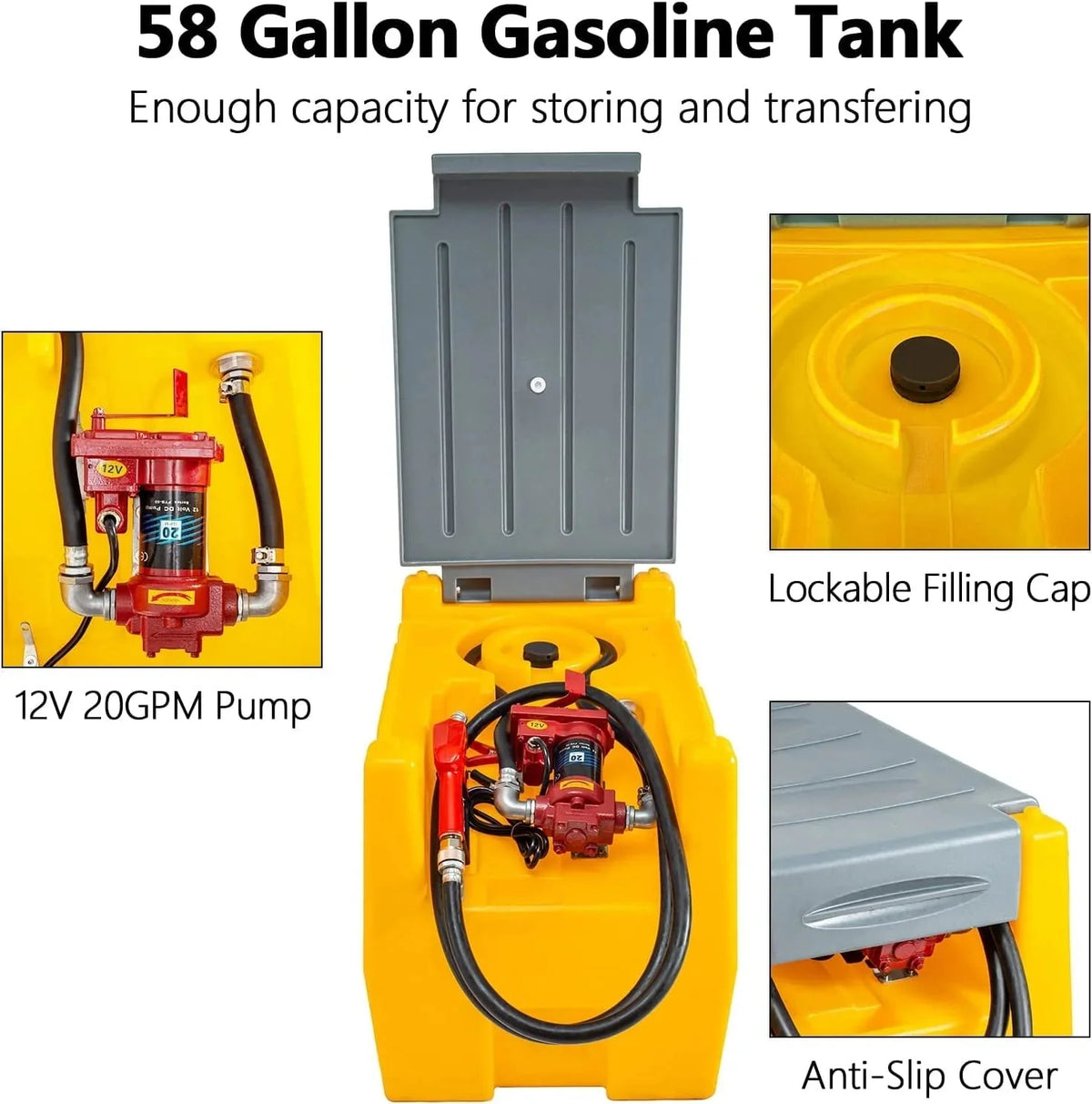 TECSPACE 58 Gallon Gasoline Tank, Portable Fuel Tank with 12V Electric Fuel Transfer Pump, 40 GPM Gasoline Fuel Tank with 4 Meters Hose for Gasoline Transportation (Yellow, 58 gal)