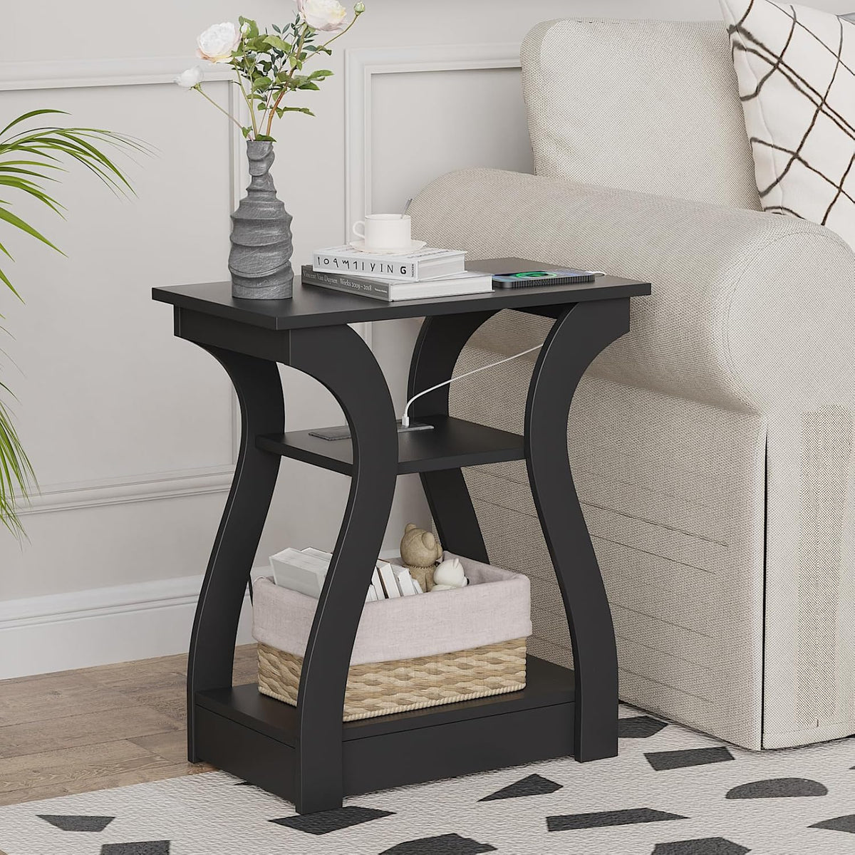 FROMJBEST Black End Table Set of 2 with Charging Station, Side Table with USB Ports and Outlets, Black Nightstand, 3 Tier End Table with Storage Shelf for Living Room, Bedroom