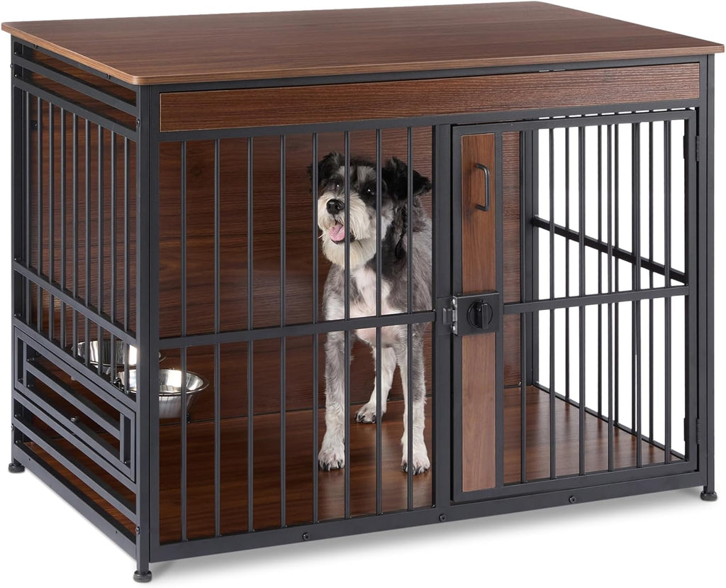 Amazon Basics Furniture Style Dog Crate, Two Bowls Included, 41" x 23.6" x 29.5", Walnut