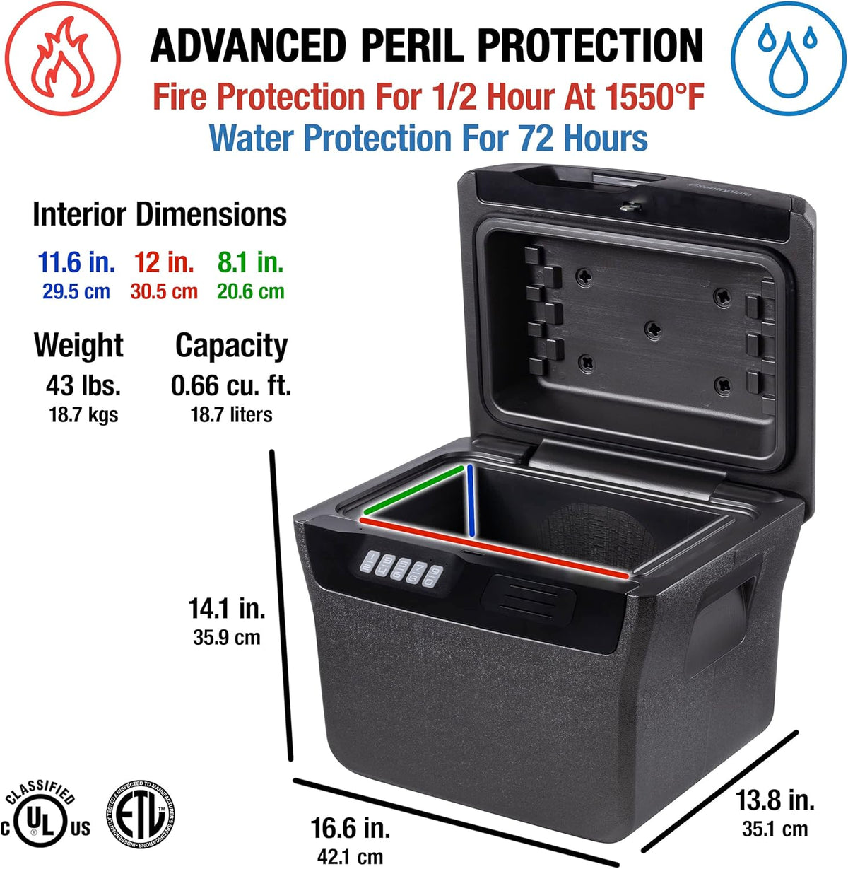 SentrySafe Charcoal Gray Waterproof and Fireproof Safe, Lock Box with Keypad for Documents and Hanging File Folders, Exterior: 14.1 x 16.6 x 13.8 Inches, ‎FHW40300