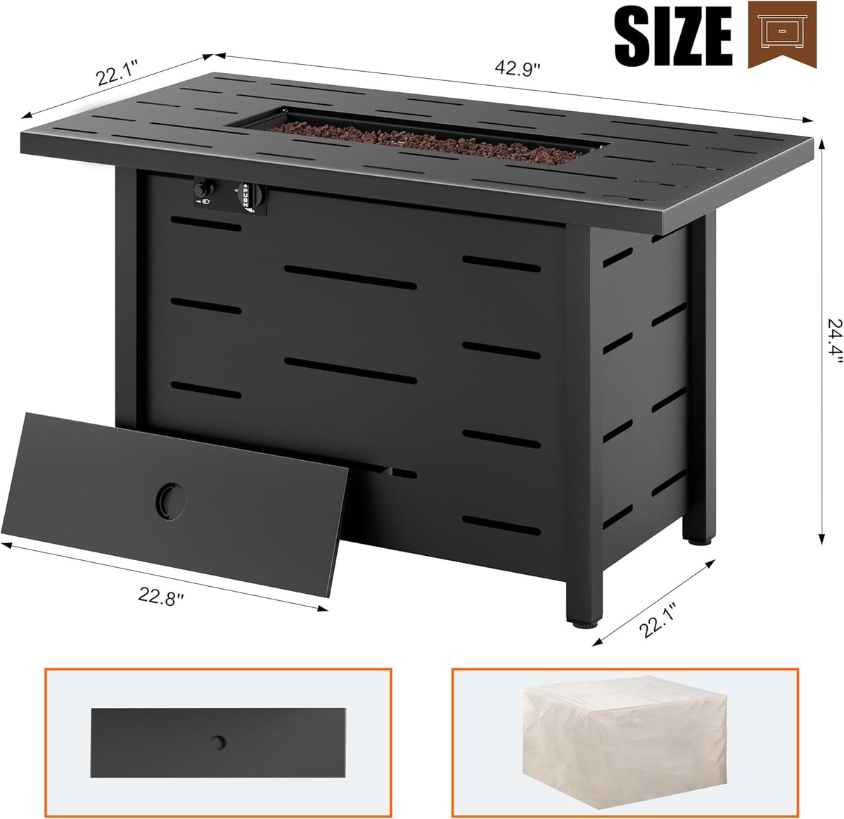 Walsunny 43 inch Outdoor Propane Fire Pit 50,000 BTU Gas Fire Pit Table with Lid, Waterproof Cover, Rectangle Gas Firepit Table for Garden/Patio, CSA Certification