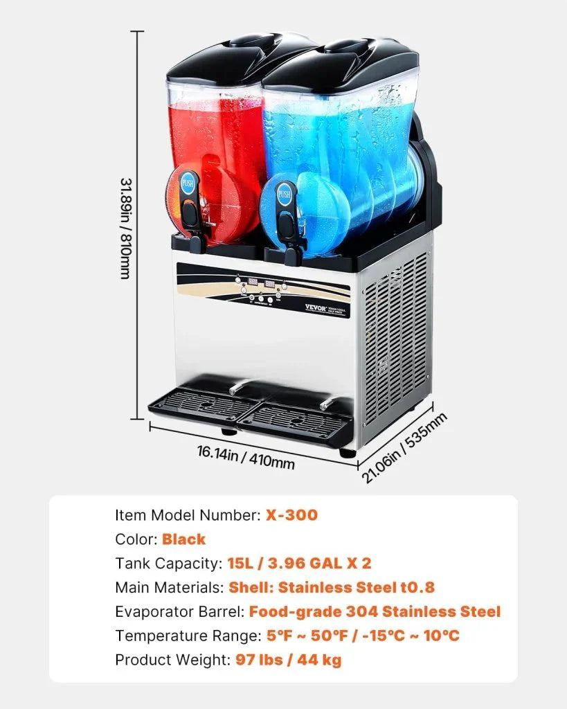 VEVOR Slushy Machine, 15Lx2 Double Tank Commercial Margarita Machine, 120 Cups Stainless Steel Margarita Smoothie Frozen Drink Machine, Slushie Machine for Home Party Restaurants Cafe Bars