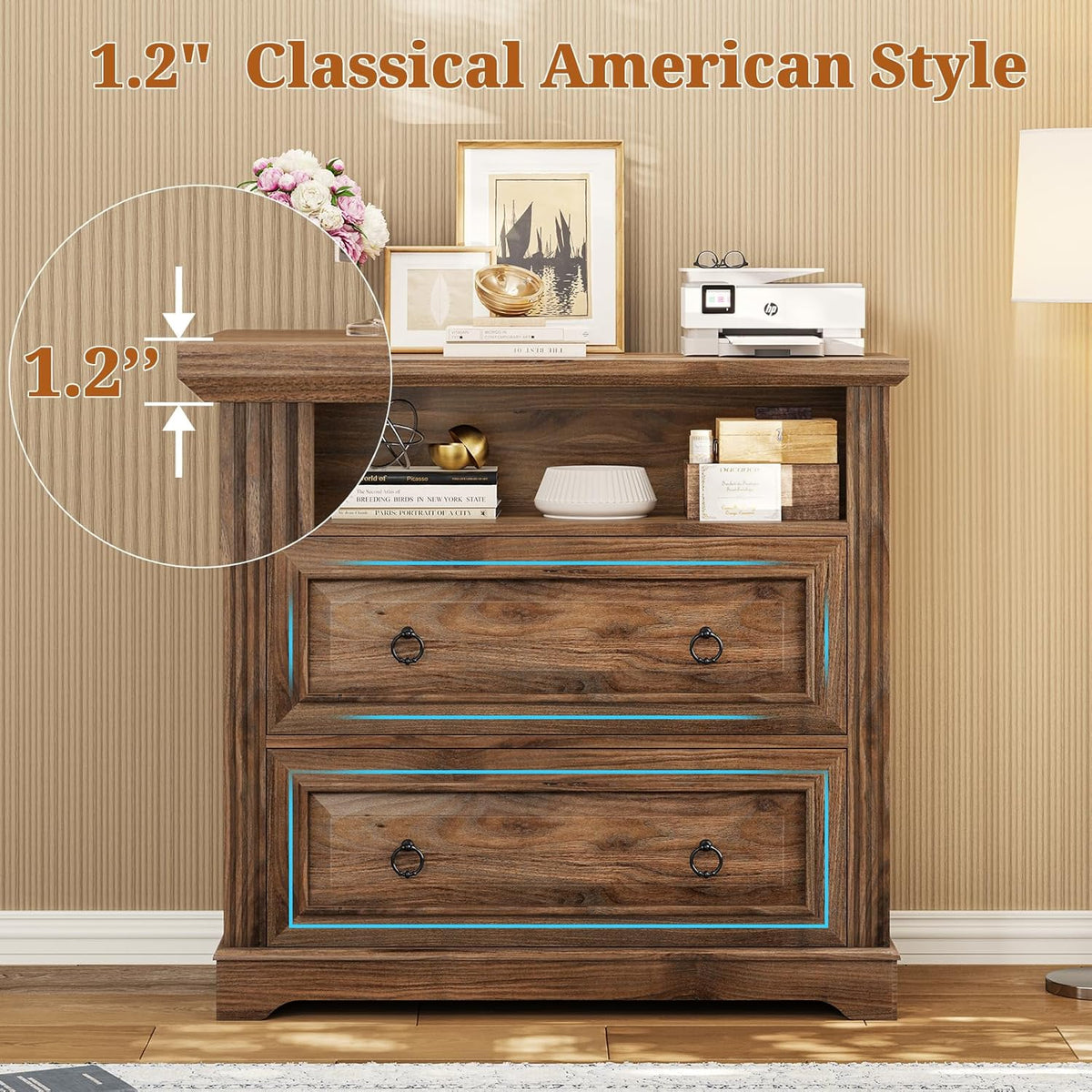 Itaar 2 Drawer File Cabinet, Farmhouse Filing Cabinet for Home Office Fits Letter, Legal, A4 Size, Wood Lateral File Cabinet with Printer Stand, Storage Shelf, Brown