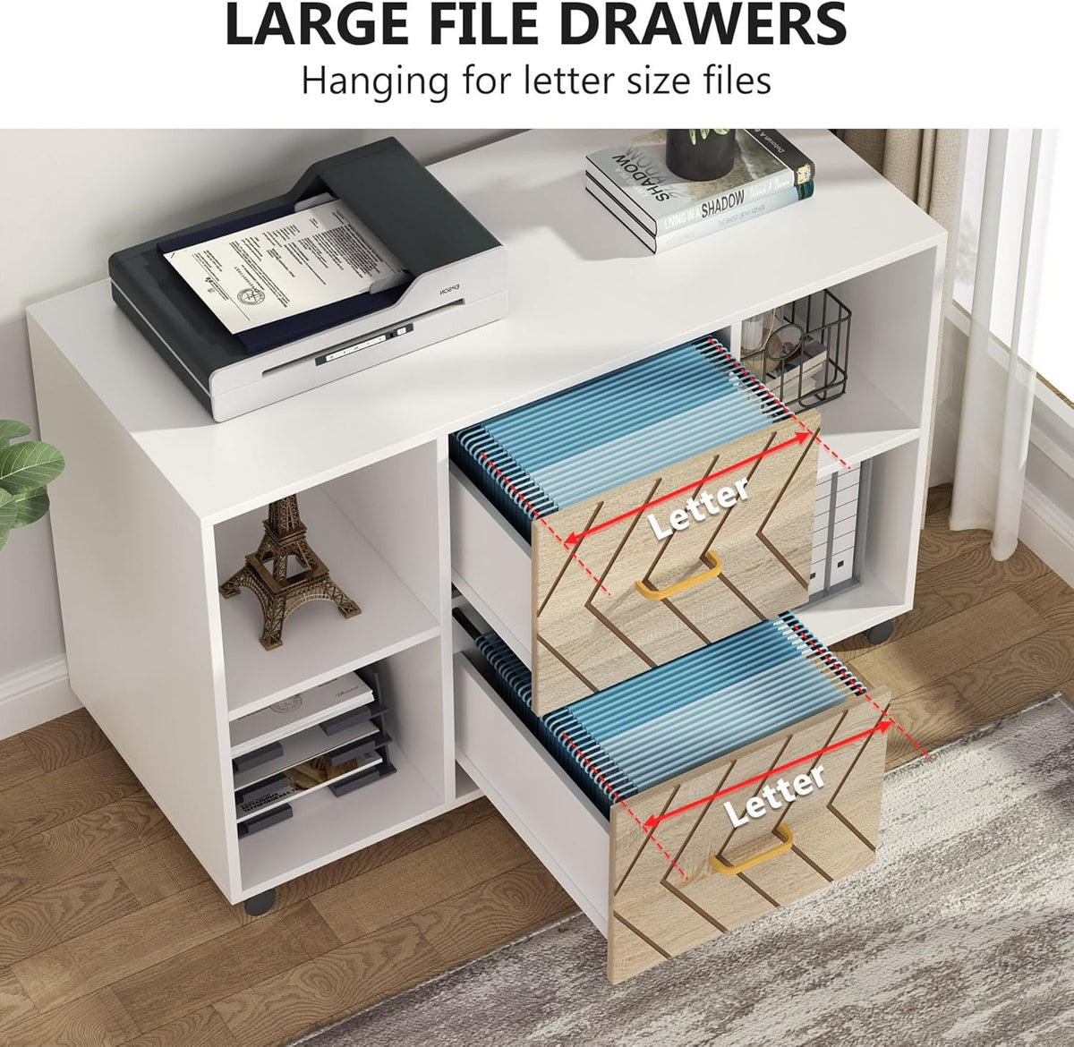 Tribesigns 2 Drawer File Cabinet, Large Mobile Lateral Filing Cabinet for Letter Size, Printer Stand with Storage Shelves and Rolling Wheels for Home Office (White)