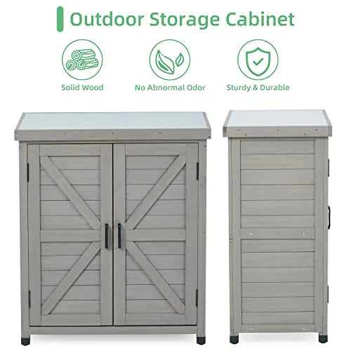 Potting Bench with Storage Cabinet and Metal Table Top for Outdoor Patio, Garden Furniture Wood Workstation