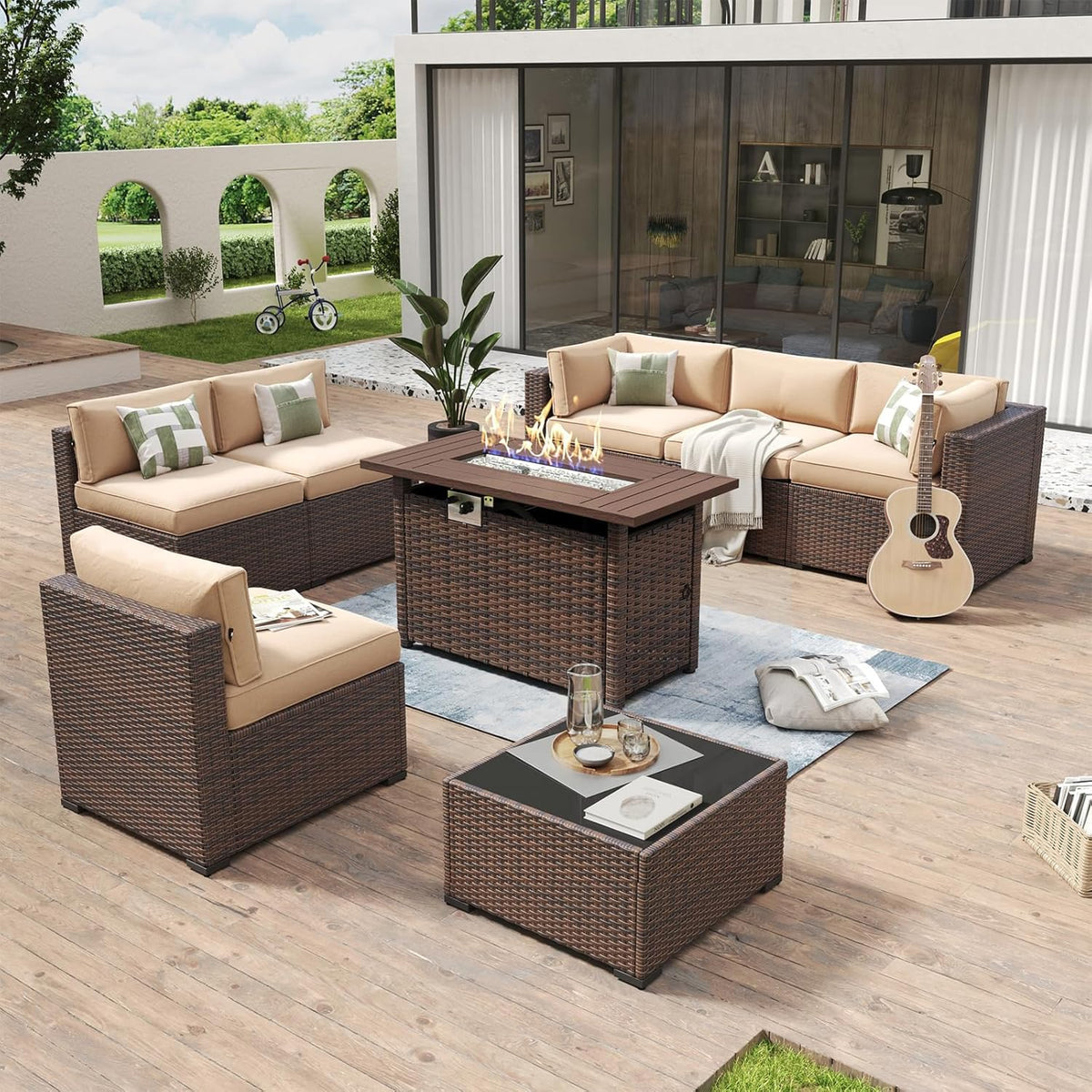 Aoxun 8 Piece Patio Furniture Set with 44” Fire Pit Table Wicker Rattan Outdoor Sectional Sofa Set with Coffee Table and Thickened Cushions, Beige (Waterproof Cover Included)
