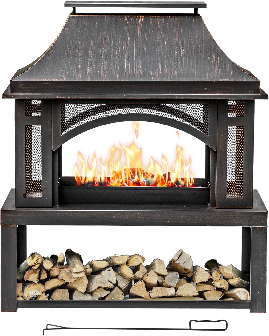 39" Fire Pits with Wood Storage for Outside, Large Wood Burning Outdoor Fireplace with Chimney, Mesh Spark Screen & Fire Poker, Idea for Backyard, Patio, Party, Camping, Picnic