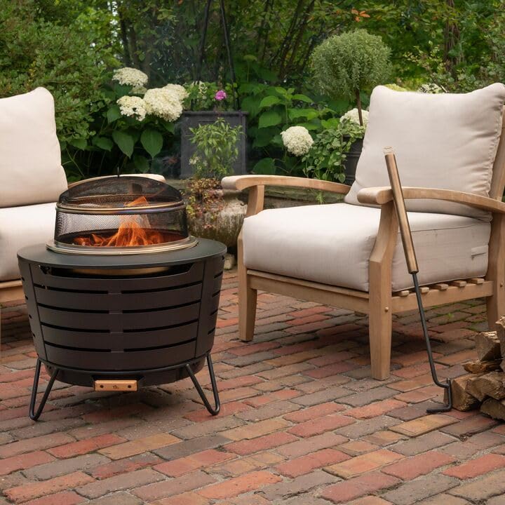 TIKI Patio & Celebration Fire Pit Screen & Poker Set – Outdoor Fire Pit Spark Protector & Ember Guard – Fire Poker Tool for Safe & Controlled Fires – Durable Metal Fire Pit Accessories in Gold & Black