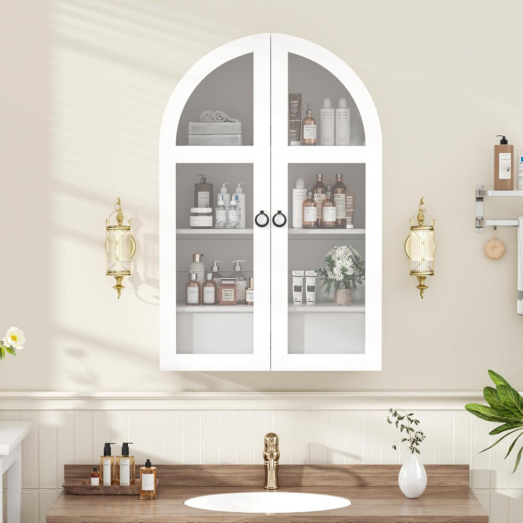 Medicine Cabinet with Tempered Glass Door, Arched Bathroom Wall Cabinet with Adjustable Shelf, for Kitchen, Living Room, Entryway, Laundry Room, Apartment, Office, Small Space, White