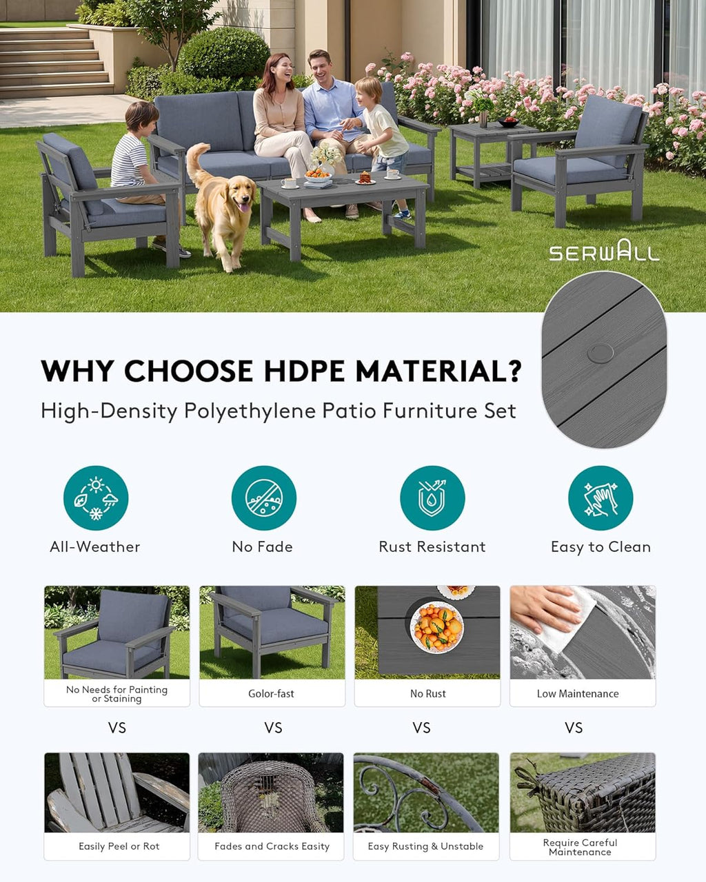 SERWALL HDPE Patio Furniture Set, 7-piece Outdoor Sectional Sofa Set, All Weather Outdoor Couch Set for Deck, Lawn, Grey Frame with Grey Cushion