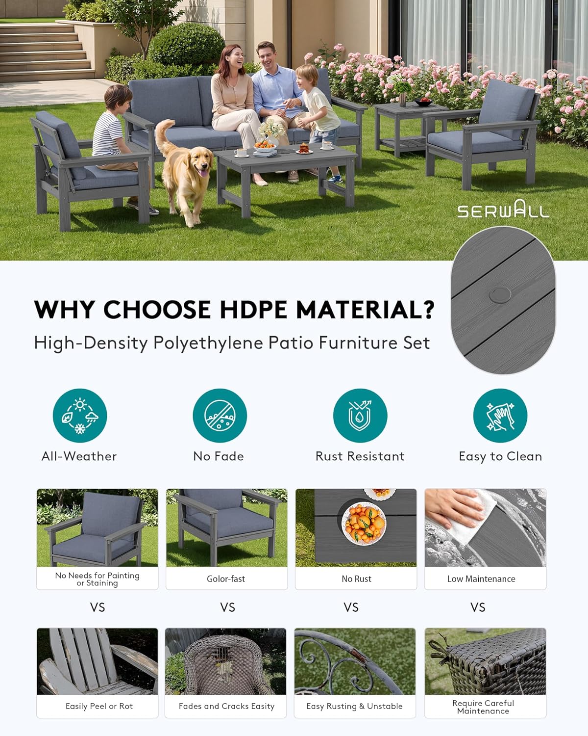 SERWALL HDPE Patio Furniture Set, 7-piece Outdoor Sectional Sofa Set, All Weather Outdoor Couch Set for Deck, Lawn, Grey Frame with Grey Cushion