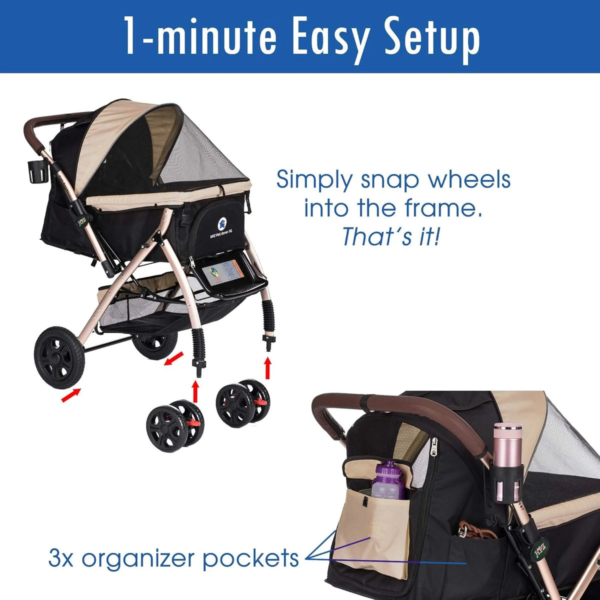Pet Rover Premium Heavy Duty DogCat Stroller Travel Carriage CompartmentZipperless EntryPump-Free Rubber Tires Small, Medium, Large Pets (Black 2nd-Gen.), X-Large (Pack of 1)