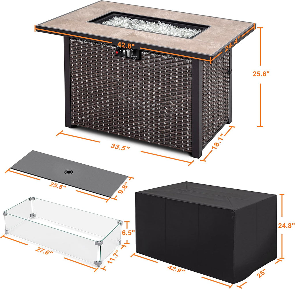 Nuu Garden Outdoor 43" 50,000 BTU Propane Gas Fire Pit Table, Ceramic Tabletop and Rattan Weaved Iron Frame, Water-Proof Oxford Cover, Glass Wind Guard, Glass Beads, Lid Included, Dark Brown & Coffee